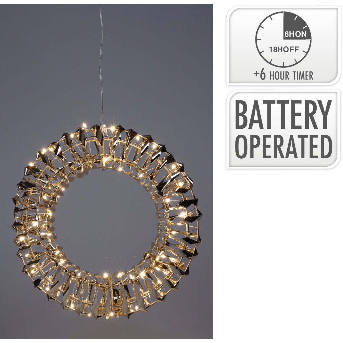 Christmas LED Wreath Gold 30 Centimetres With 50 Warm White Lights Indoor And Outdoor Decor.