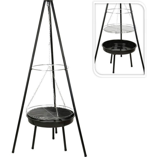 Hanging Fire Bowl With Grill Grate Three Legged Tripod Outdoor Patio Heater For Cozy Evenings.