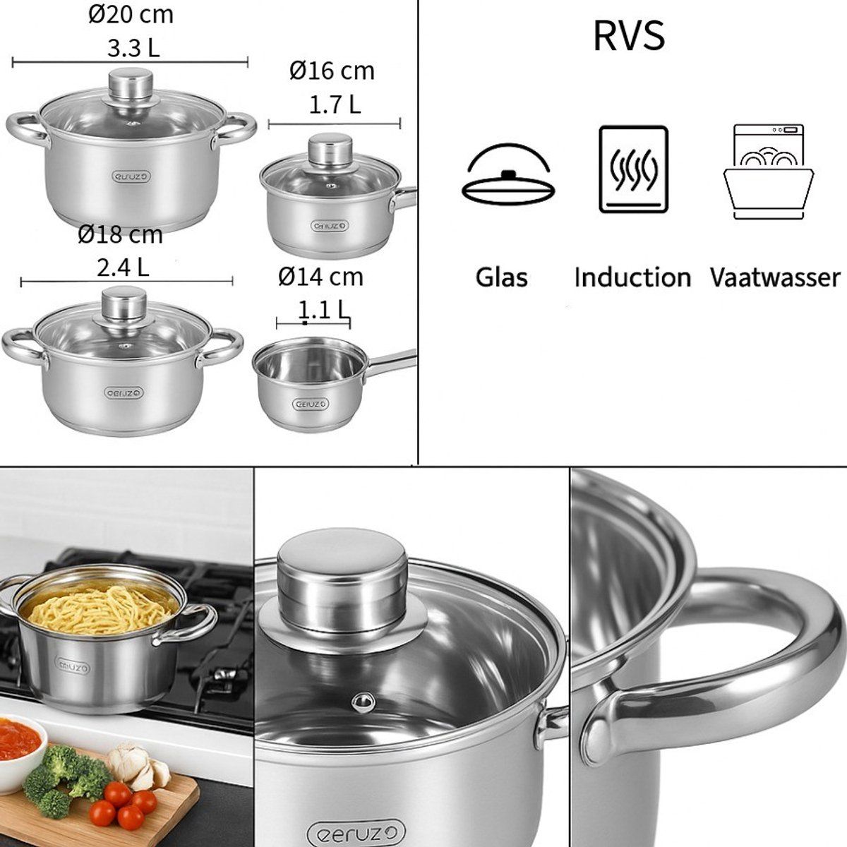 Ceruzo Pannenset 8-Delig - Alle Warmtebronnen - Inductie