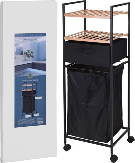 Bathroom Storage Rack with Laundry Basket 2 Tier Bamboo & Metal Organizer Shelf - Afanaya