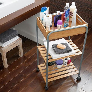 Bathroom Storage Trolley – Bamboo & Metal Organizer with Shelves for Modern Bathroom - Afanaya