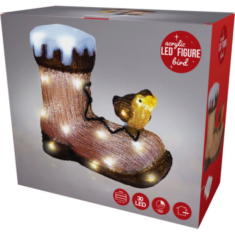 Kerstfiguur Acryl - Vogel Op Laars - Led - 28Cm - Afanaya