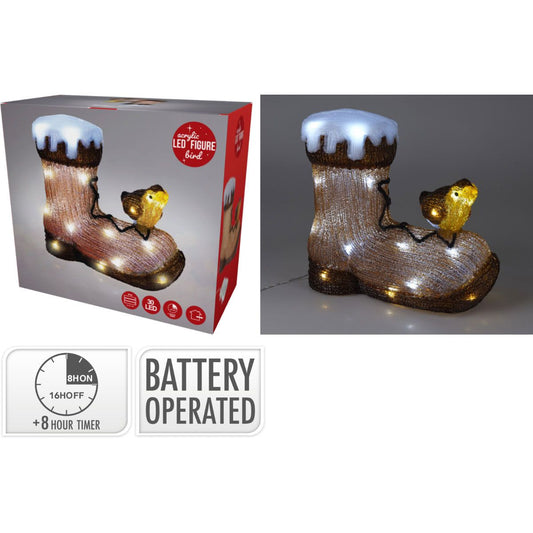 Kerstfiguur Acryl - Vogel Op Laars - Led - 28Cm - Afanaya