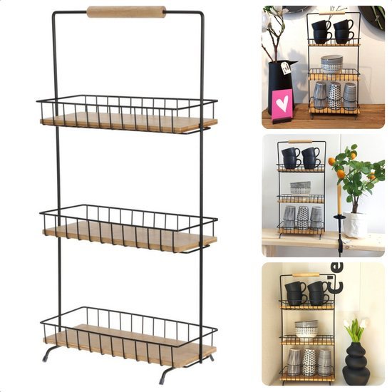 Kitchen Storage Rack with 3 Shelves – 58cm Tall Metal & Bamboo Organizer Shelf - Afanaya