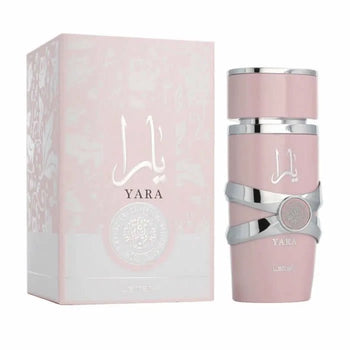 Yara luxury perfume bottle and box, pink design with silver accents, elegant women's fragrance