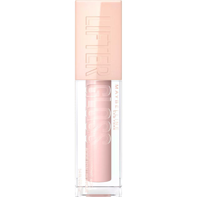 Maybelline New York Lifter Gloss in light pink shade with hyaluronic acid, moisturizing lip gloss bottle.