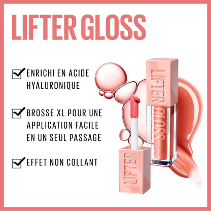 Maybelline New York Lifter Gloss with Hyaluronic Acid – Non-Sticky Lip Gloss with XL Applicator for Easy Application and Instant Shine.