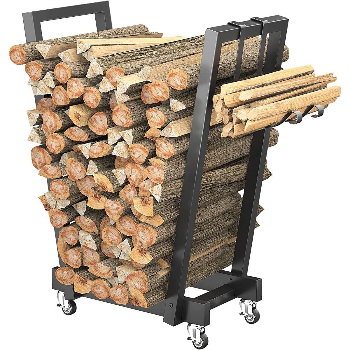 Metal Wood Rack – Rolling Firewood Storage Stand.