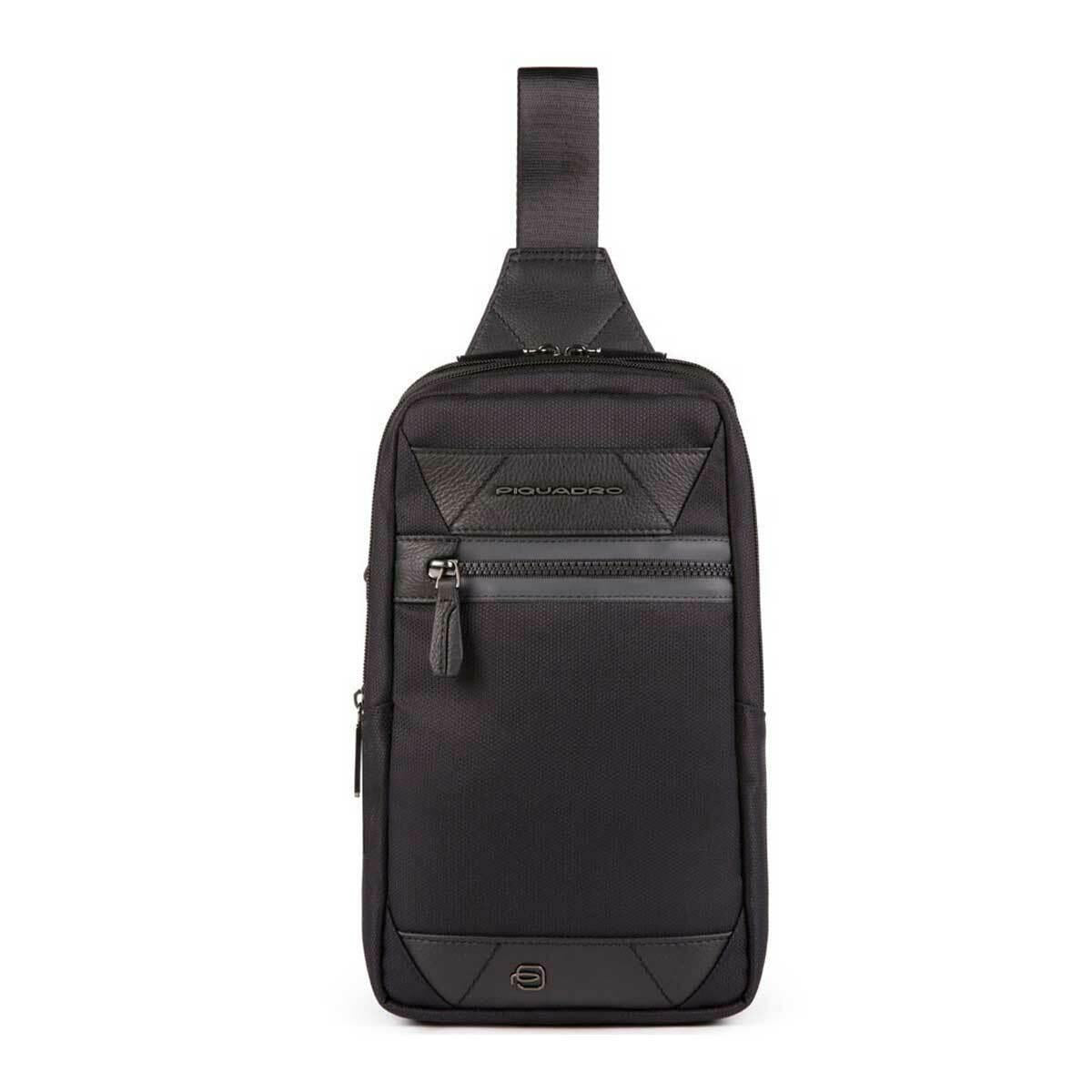 Piquadro Trakai Leather & Fabric Mono Sling Crossbody Bag Black for Men 31x18x7cm.