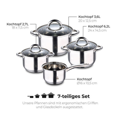 Renberg Alexander Cookware Set 7 Pieces Stainless Steel Induction Compatible 4 Cooking Pots + 3 Glass Lids - Afanaya