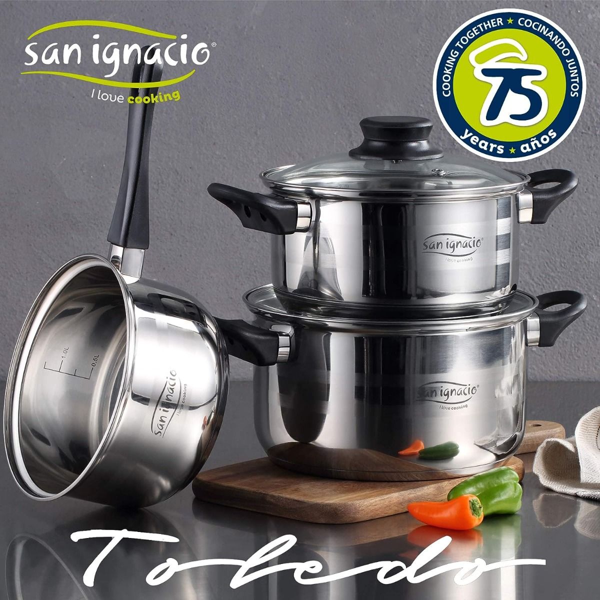 San Ignacio Toledo 5-Piece Stainless Steel Cookware Set With Lids For Starter Student Or Camping.