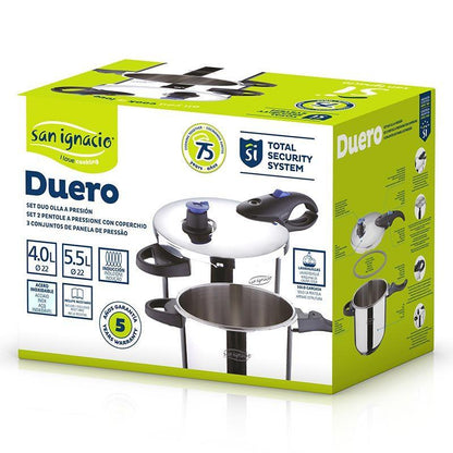 San Ignacio Pressure Cookers 4.0 and 5.5 Liter Stainless Steel Set for Healthy Quick Cooking.