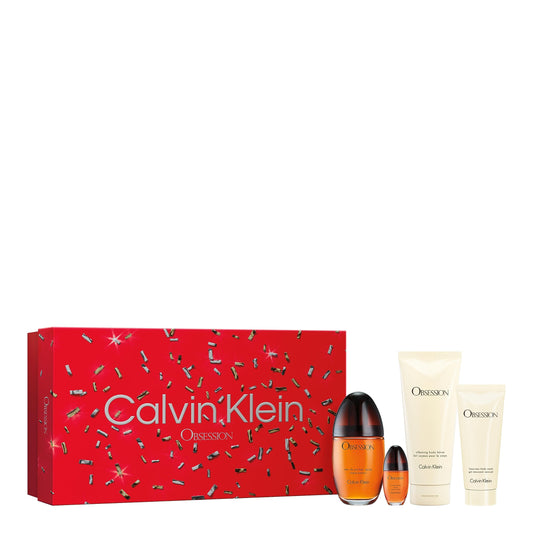 Coffret Calvin Klein : Obsession, Eau De Parfum, Pour Femme, 100 ml + Obsession, Eau De Parfum, Pour Femme, 15 ml *Miniature + Obsession, Gel Douche Hydratant, 100 ml + Obsession, Lait Hydratant Pour Le Corps, 200 ml