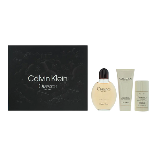 Coffret Calvin Klein : Obsession, Eau De Toilette, Pour Homme, 125 ml + Obsession, Anti-transpirant, Stick Déodorant, Pour Homme, 75 g + Obsession, Apaisant, Baume Après-Rasage, 75 ml