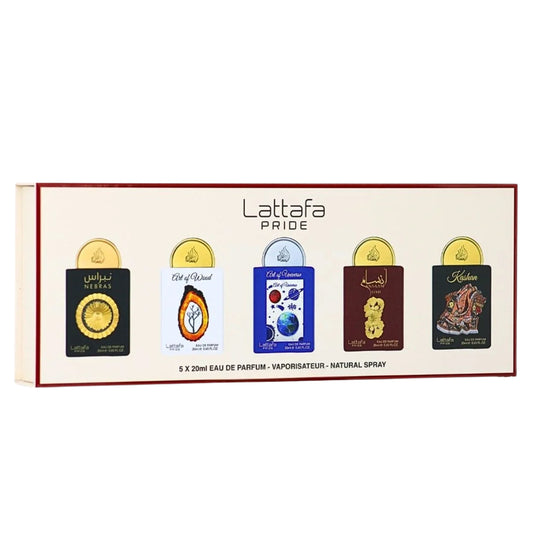 Lattafa Women Miniature Gift Set 5x20ml EDP – Nebras, Art of Wood, Art of Universe, Ansaam Gold, Kashan