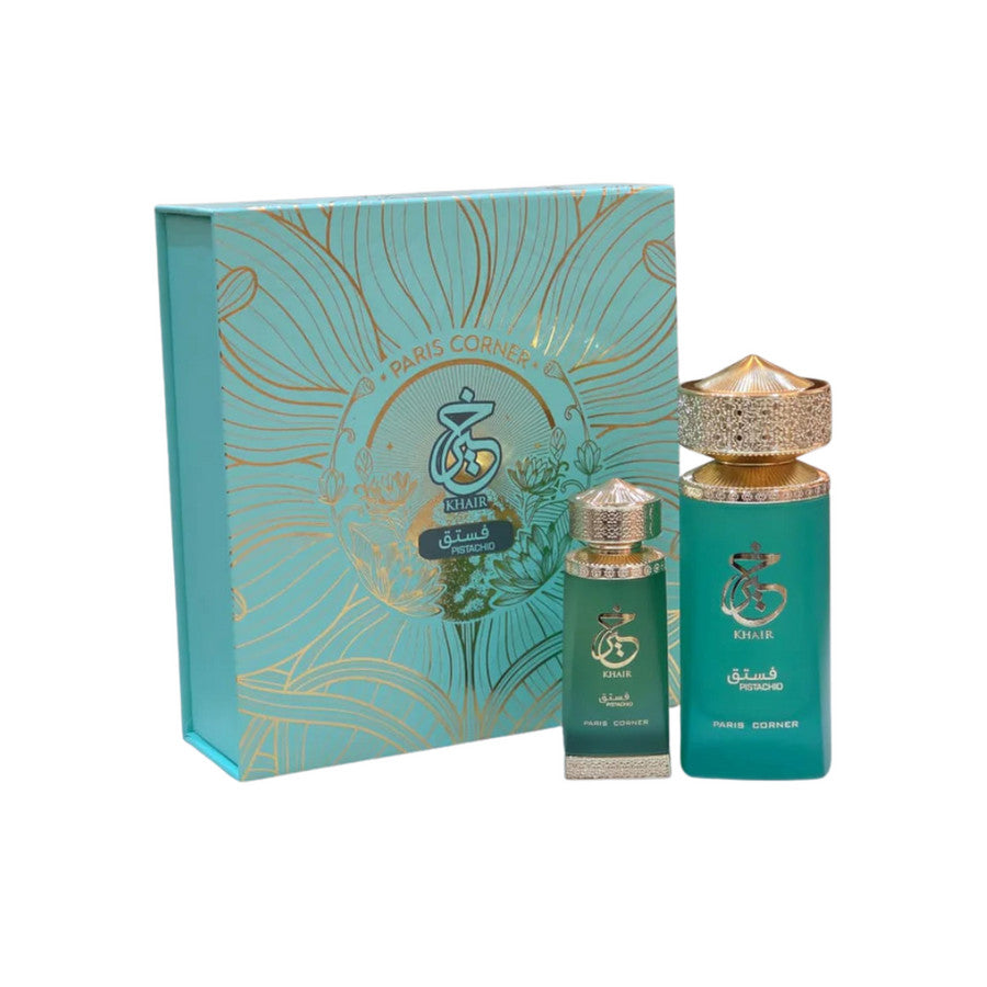 Ensemble Paris Corner : Khair Pistachio, Eau de Parfum, Mixte, 100 ml + Khair Pistachio, Déodorant Spray, Pour Femme, 200 ml