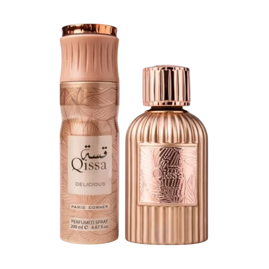 Set Paris Corner : Qissa Delicious, Eau De Parfum, Pour Femme, 100 ml + Qissa Delicious, Déodorant Spray, Pour Femme, 200 ml