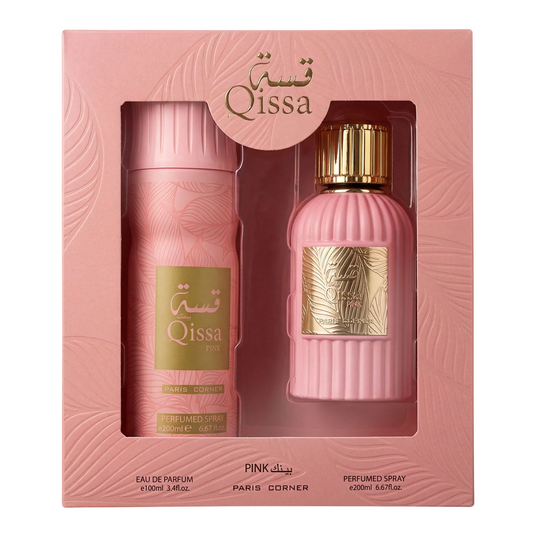 Coffret Paris Corner : Qissa Pink, Eau De Parfum, Pour Femme, 100 ml + Qissa Pink, Déodorant Vaporisateur, Pour Femme, 200 ml