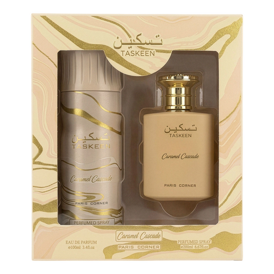 Coffret Paris Corner : Taskeen Caramel Cascade, Eau De Parfum, Unisexe, 100 ml + Taskeen Caramel Cascade, Déodorant Spray, Unisexe, 200 ml