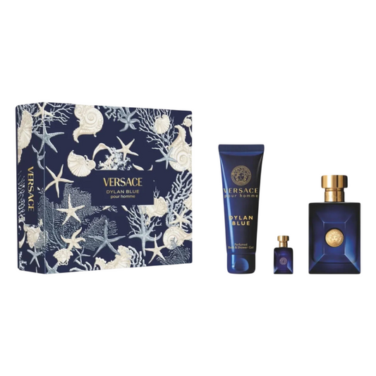 Coffret Versace : Dylan Blue, Eau de Toilette, Pour Homme, 100 ml + Dylan Blue, Eau de Toilette, Pour Homme, 5 ml + Dylan Blue, Gel Douche, Pour Tous Types de Peau, 150 ml