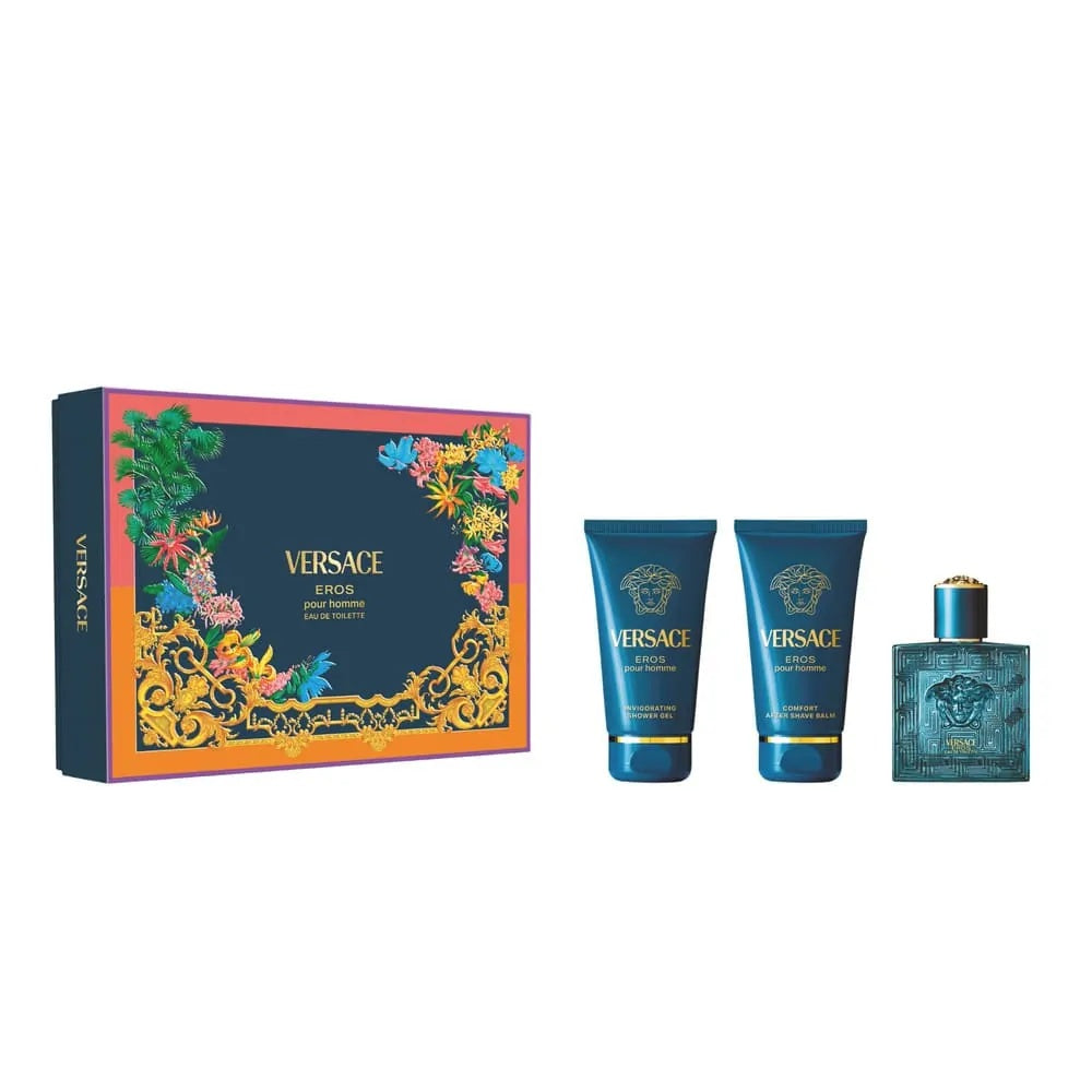 Coffret Versace : Eros, Eau de parfum, Pour homme, 50 ml + Eros, Gel douche, Pour tout type de peau, 50 ml + Eros, Baume hydratant, Après-rasage, 50 ml