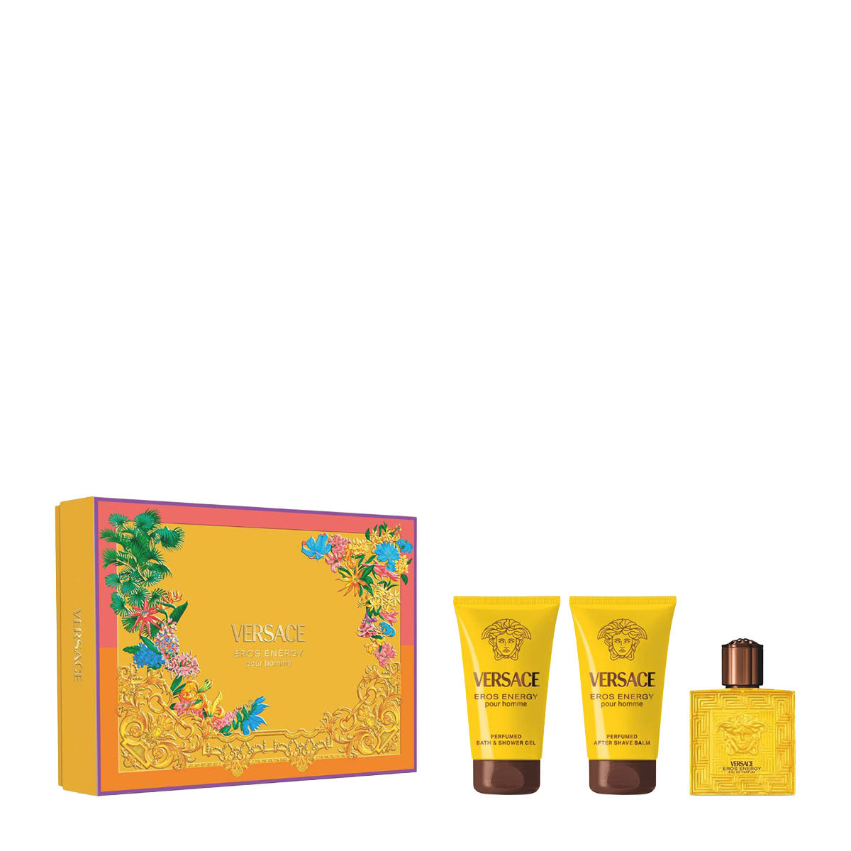 Coffret Versace : Eros Energy, Eau De Parfum, Pour Homme, 50 ml + Eros Energy, Gel Douche, 50 ml + Eros Energy, Baume Apaisant, Après-Rasage, 50 ml