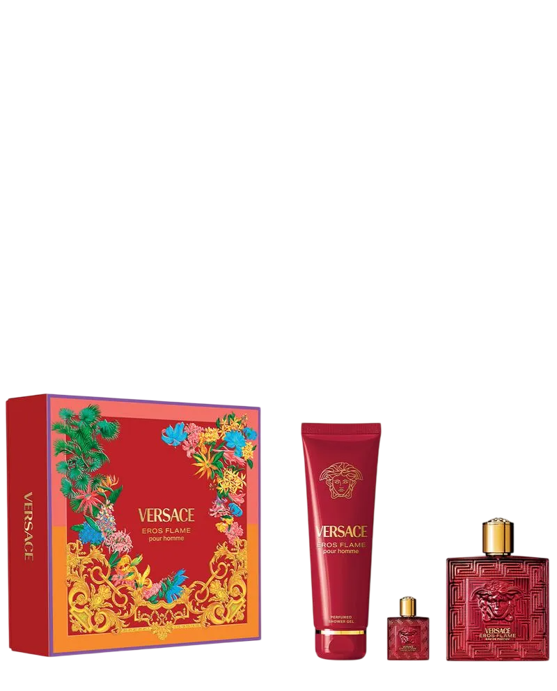 Coffret Versace : Eros Flame, Eau De Parfum, Pour Homme, 100 ml + Eros Flame, Gel Douche, 150 ml + Eros Flame, Eau De Parfum, Pour Homme, 5 ml